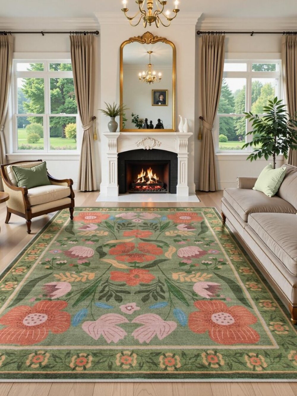 Green Floral Large Area Rug for Living Room, Cozy Cottagecore 5x7 Bedroom Rugs